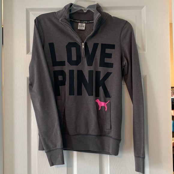 PINK Victoria's Secret Tops - LOVE PINK Y2k Grey Quarter Zip Pullover with Pocket & Dog Logo